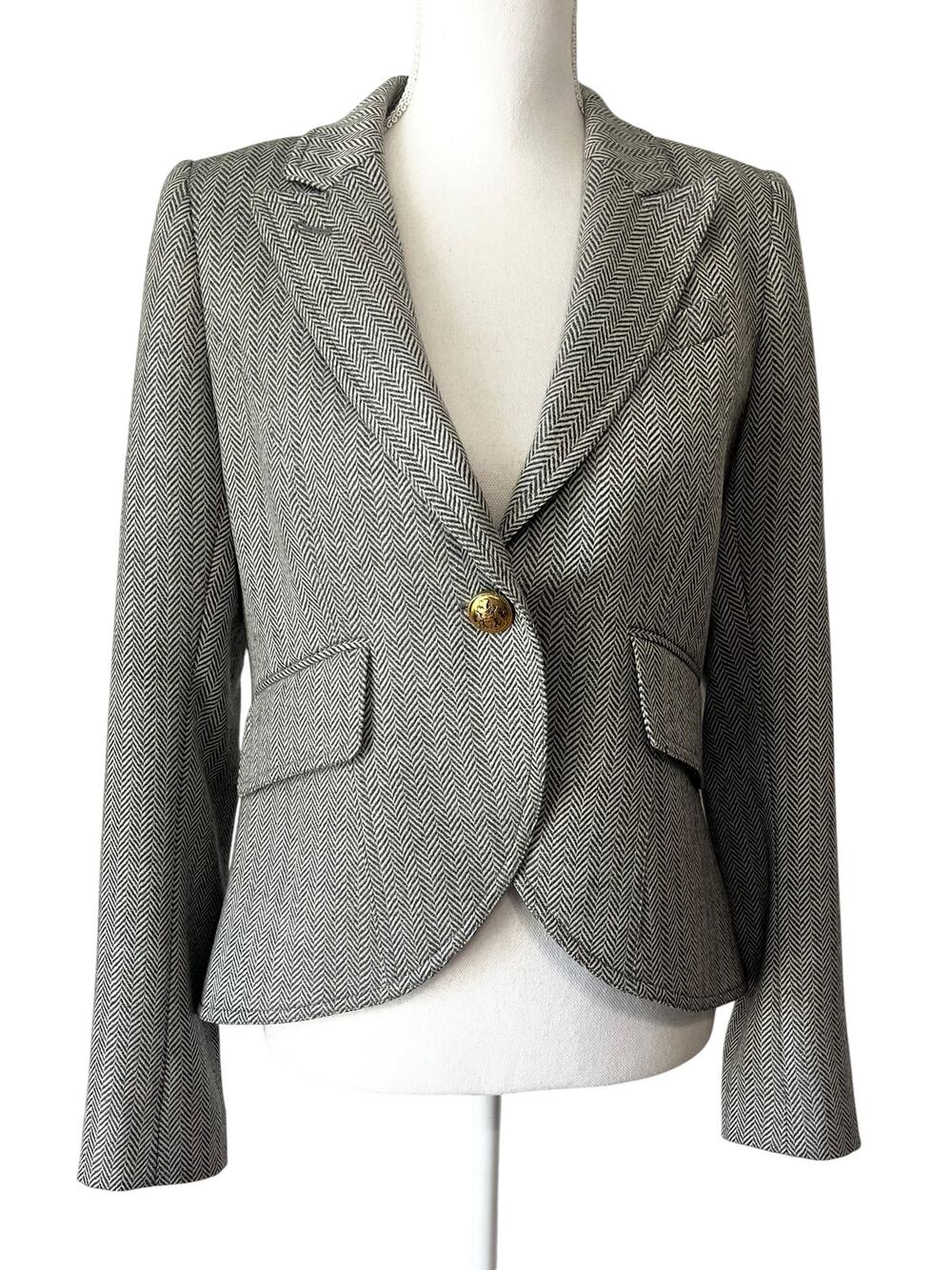 Smythe Classic Duchess Blazer Grey Herringbone Wool Cutaway Jacket Size 8